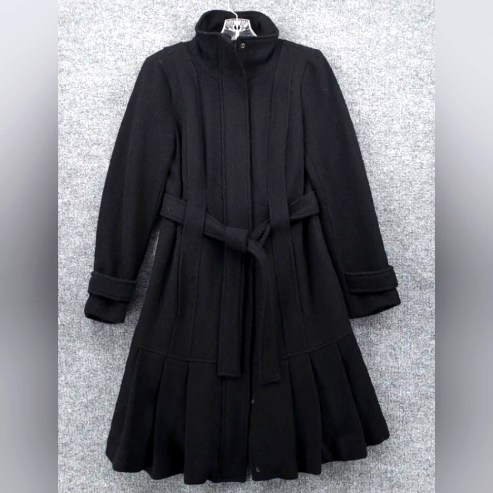 Luxurious Black Pleated Flare Belted Long Sleeve Wool Coat by Calvin Klein